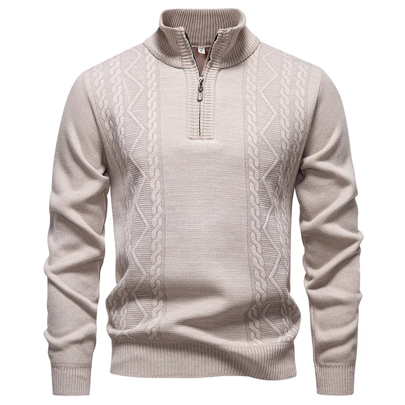 Winter Fleece-Lined Stand Collar Half-Zip Pullover Knitted Sweater for Men,Multi-Color Versatile Casual  Men's Knit Sweater