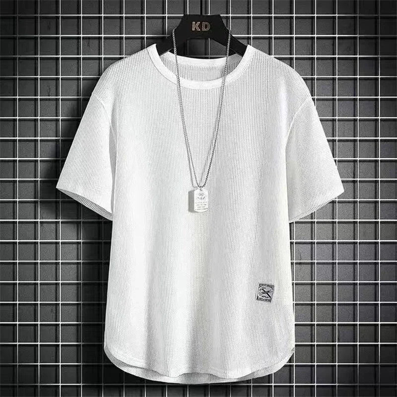 Men's Summer Trendy Simple Casual Short Sleeve T-shirts Y2K Harajuku Streetwear Appliques Tees Black White Round Neck Loose Tops
