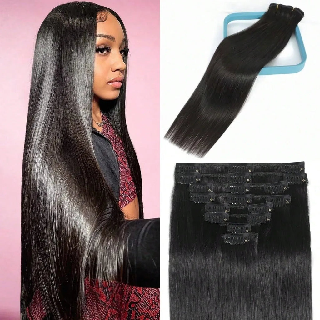 Clip in Hair Extensions Straight Real Human Hair Brazilian Virgin Remy Human Hair Extensions 8pcs with 20 Clips Double Weft for Women Invisible Straight Seamless Clip Ins Hair Extensions Jet Black Natural Soft Silk Straight H