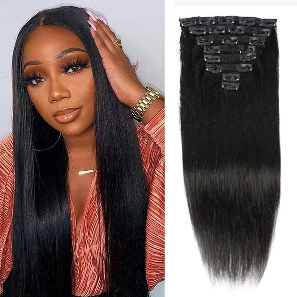 Clip in Hair Extensions Straight Real Human Hair Brazilian Virgin Remy Human Hair Extensions 8pcs with 20 Clips Double Weft for Women Invisible Straight Seamless Clip Ins Hair Extensions Jet Black Natural Soft Silk Straight H