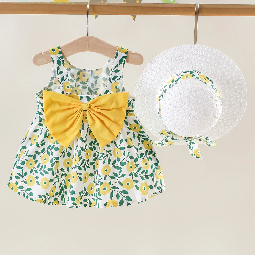 Summer New Girls Dress Halter Ribbon Ribbon Full Print Floral A-line Dress Birthday Party Team Dress + Hat Bow Ribbon