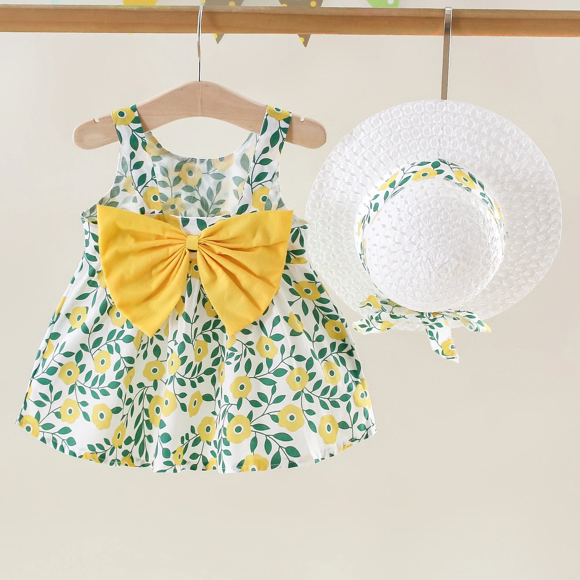 Summer New Girls Dress Halter Ribbon Ribbon Full Print Floral A-line Dress Birthday Party Team Dress + Hat Bow Ribbon