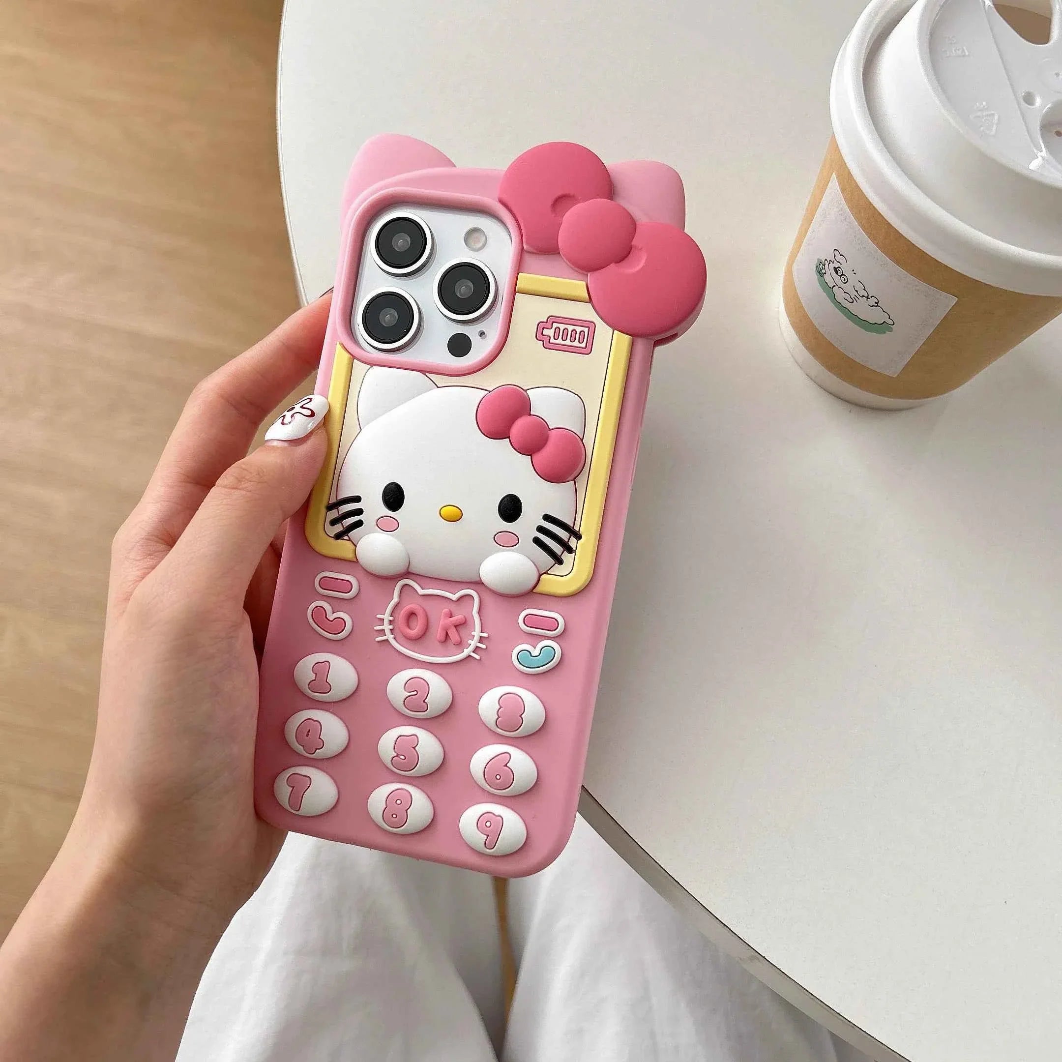 Cute 3D Telephone Hello Kitty Phone Case for iPhone 17 16 15 14 13 Pro Max Plus 17 Pro Cartoon Soft Silicone Cover with Lanyard