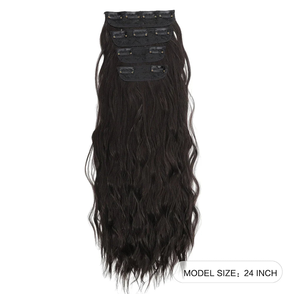 Voluminous Brown-Blonde Clip-In Extensions: 60.96 cm Wavy & Curly Synthetic Hair Set