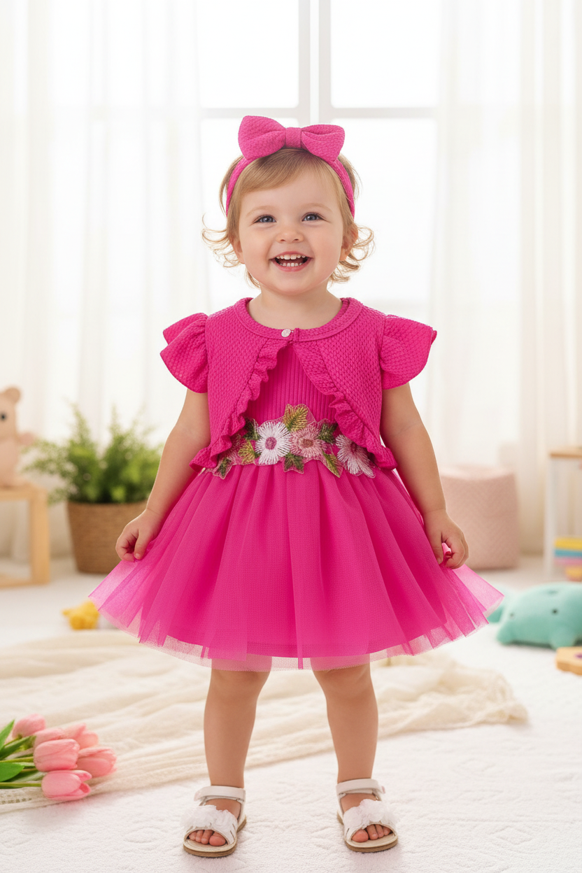 Infant Summer Floral Vest Mesh Dress Jacket Set with Hair Accessories