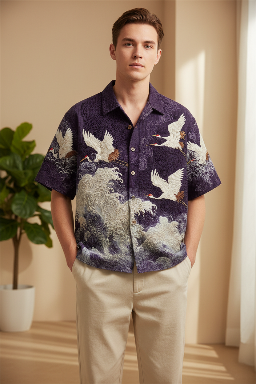 Embossed Flying Crane and Wave Printing Casual Short Sleeved Shirt