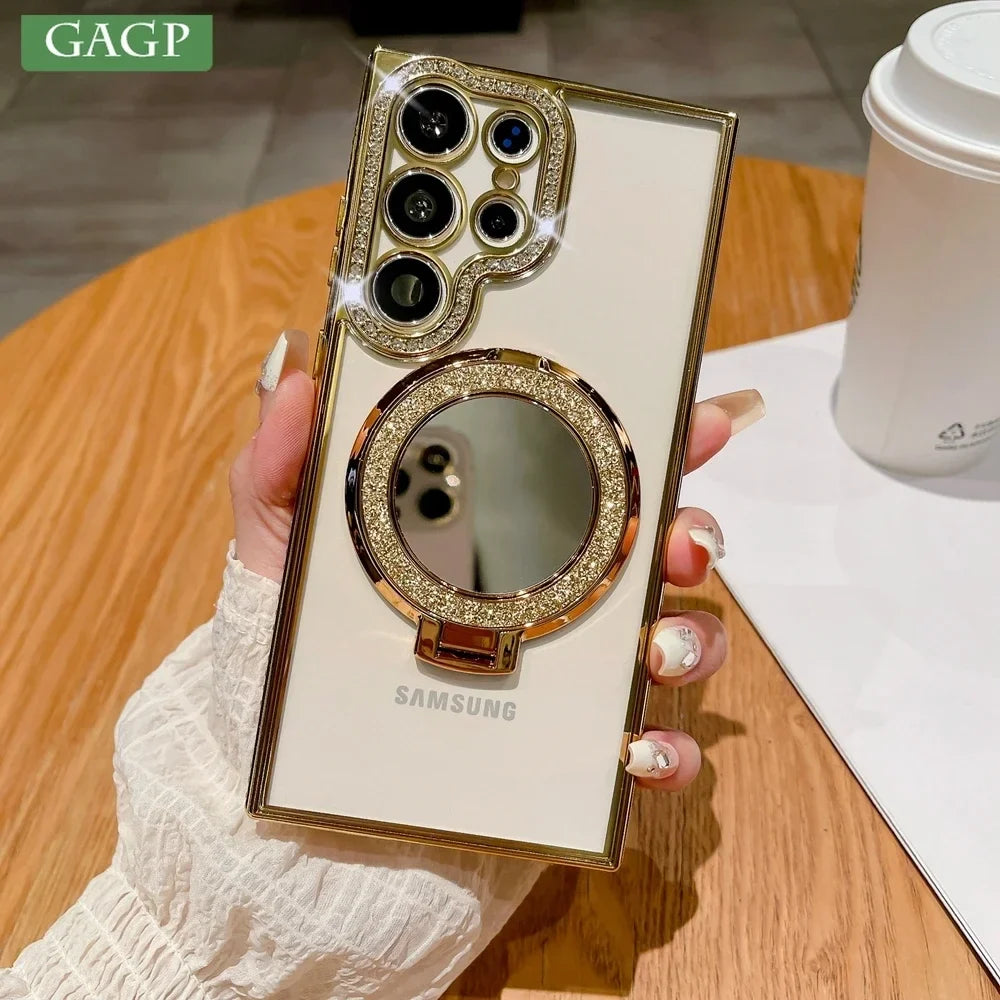 For Samsung S24 S25 Ultra Mirror Magsafe Case for Samsung Galaxy S23 S22 Ultra Plus A16 A06 A55 A54 Luxury Diamond Plating Cover