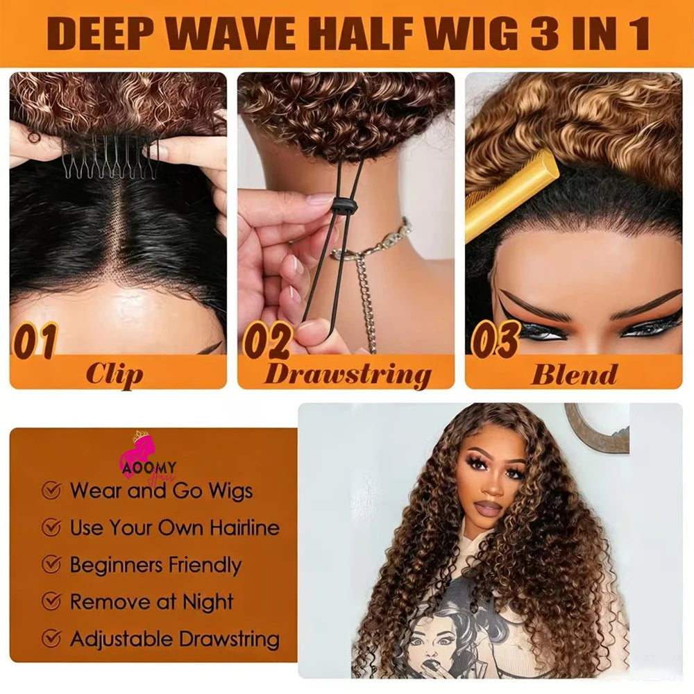 Highlight Burmese Curly Half Wigs Human Hair With Drawstring Colored Glueless 3 IN 1 Half Wigs Flip Over Burmese Curly Half Wigs