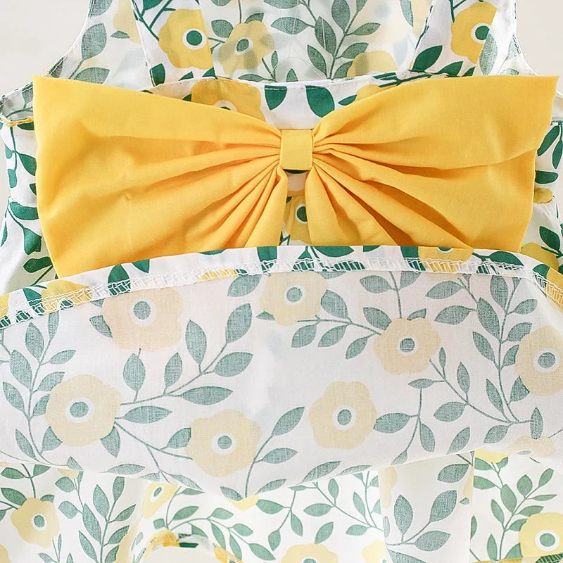 Summer New Girls Dress Halter Ribbon Ribbon Full Print Floral A-line Dress Birthday Party Team Dress + Hat Bow Ribbon