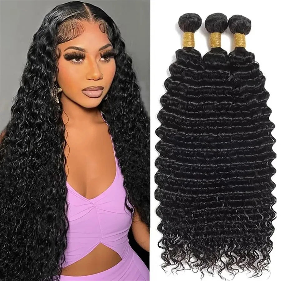 Deep Wave Raw Bundles Human Hair Brazilian Virgin Hair Weave Bundles 3/4Pcs Double Weft Natural Black 14-32 Inch Bundles Human Hair Extensions