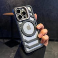 Frameless Fiber Pattern Logo Hole Hollow Magnetic Case for iPhone 12 13 14 15 16 Pro Max Magsafe Lens Stand Flip Bracket Cover