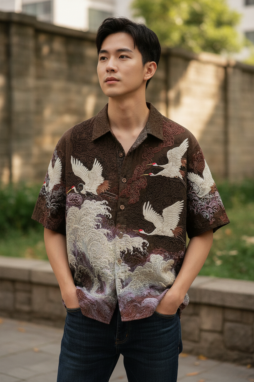 Embossed Flying Crane and Wave Printing Casual Short Sleeved Shirt