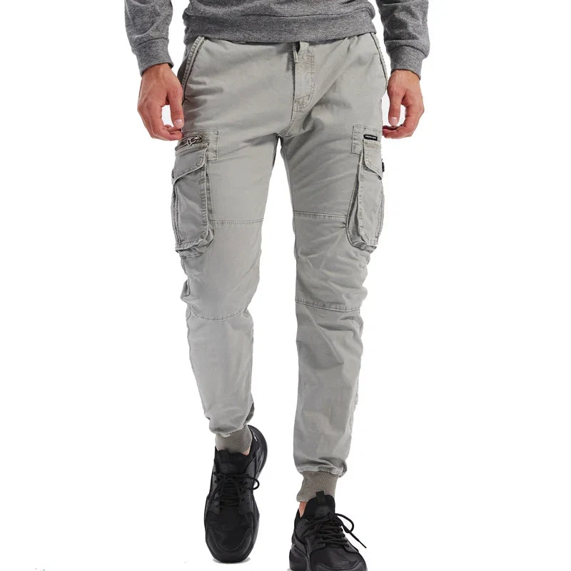 New Cotton Men’s Cargo Pants in Khaki, Black, Army, and Light Gray. Casual Tactical Joggers with Multi-Pockets for Fashion and Work Wear.
