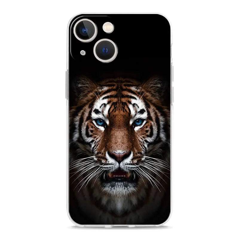 Luxury Transparent Phone Case For iPhone 15 14 13 12 11 Pro Max XS X XR 7 8 Plus Clear Cover Black Cheetah Tiger Lion Animals
