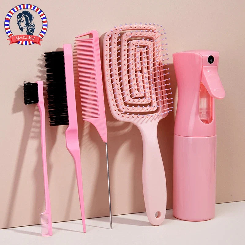 5pcs comb set Relaxing Elastic Massage Comb Hollow Out Hair Brush Scalp Massage Combs Hair Styling Spray bottle Hair Salon Tools