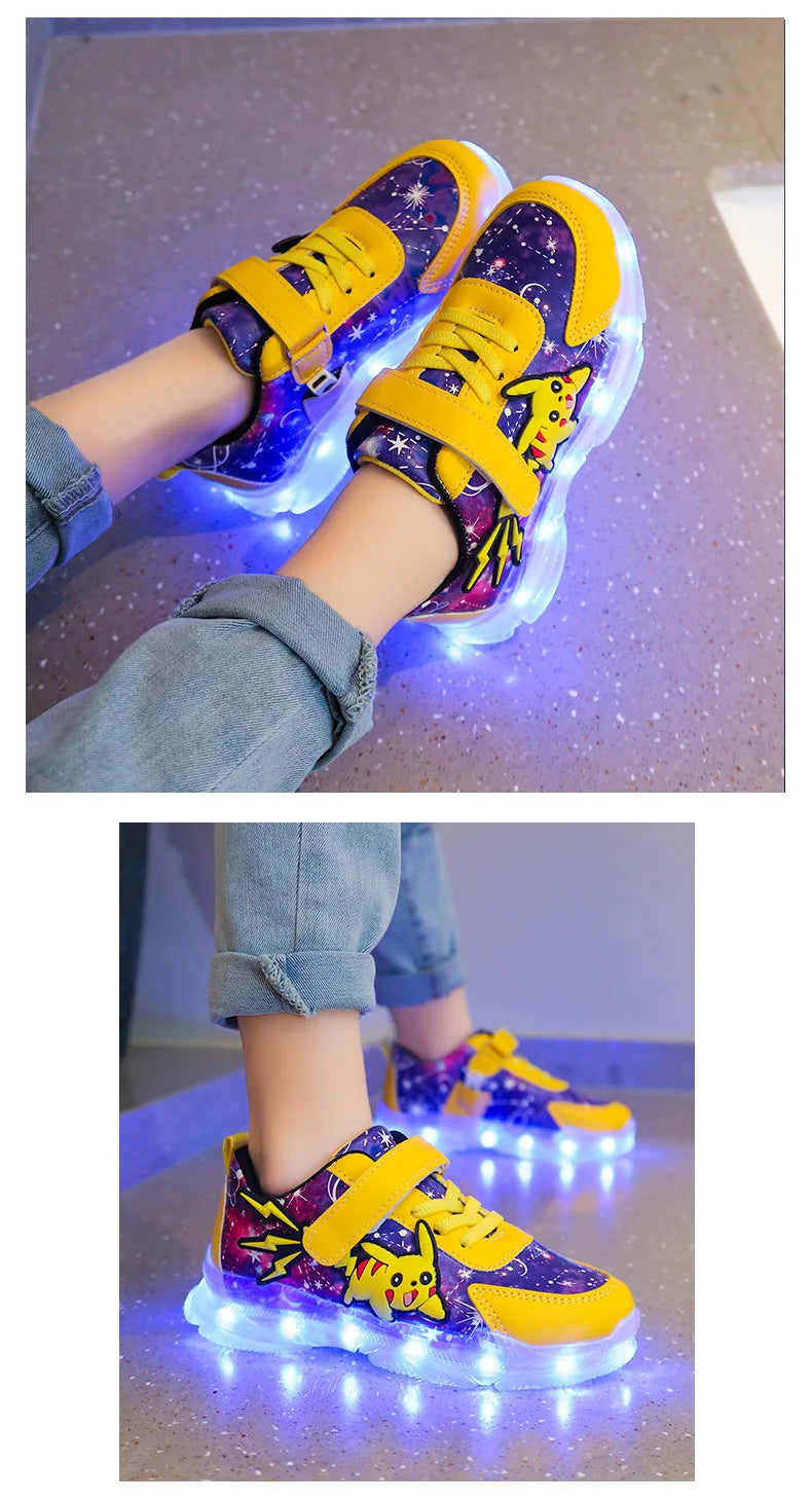 Kid’s Casual Shoes Boys Rechargeable Cartoon PU Leather Spring Fashion Flat Bottom Anti-slip Sneakers Yellow Size 25-36