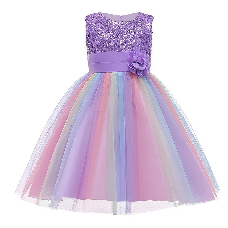 Sequins Girls Dress Summer Flower Fashion Rainbow Mesh Little Princess Dresses