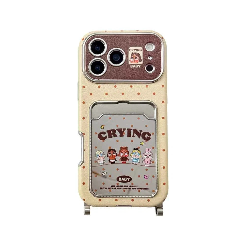 Kawaii Cartoon Cry Girls Card Holder Phone Case For iPhone 16 Pro 14 15 17 Pro Max Cover with Hand Rope Cute Protective Cases
