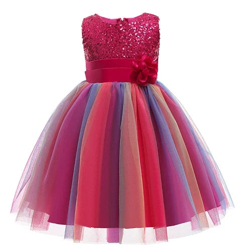 Sequins Girls Dress Summer Flower Fashion Rainbow Mesh Little Princess Dresses