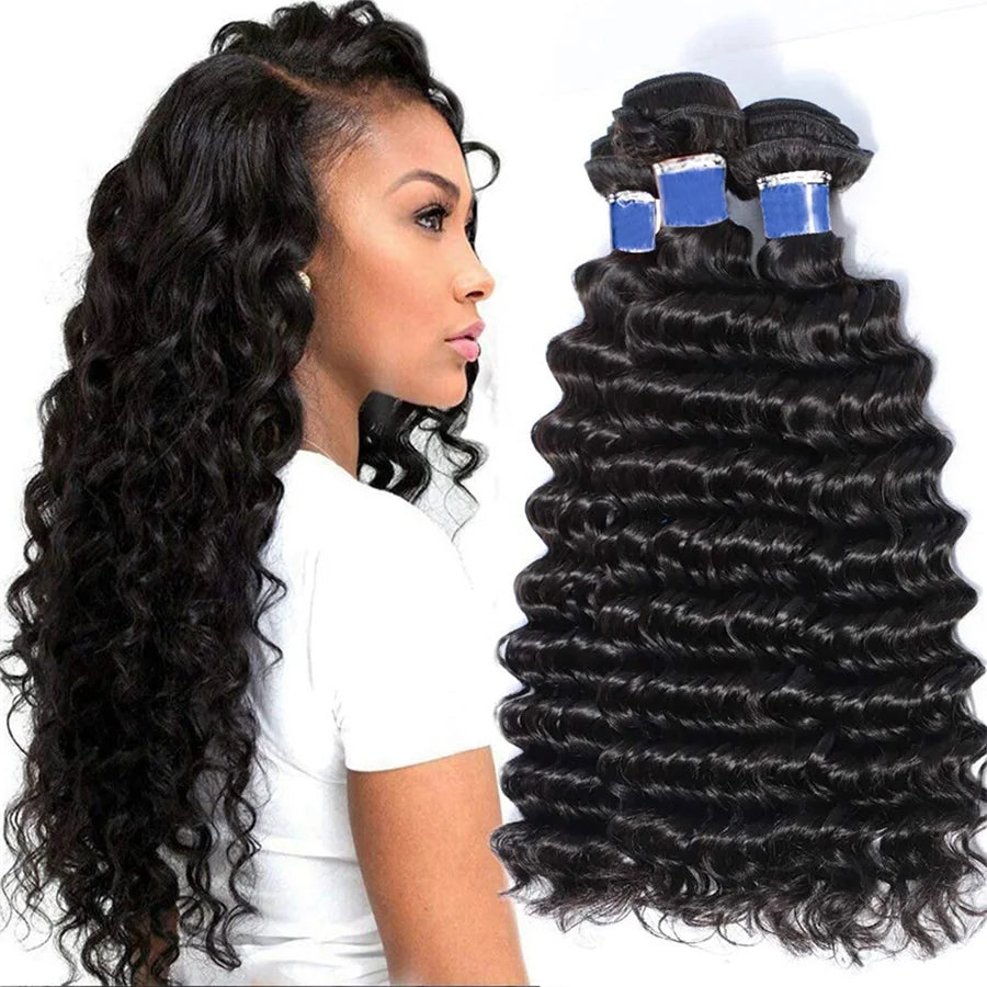 Deep Wave Raw Bundles Human Hair Brazilian Virgin Hair Weave Bundles 3/4Pcs Double Weft Natural Black 14-32 Inch Bundles Human Hair Extensions
