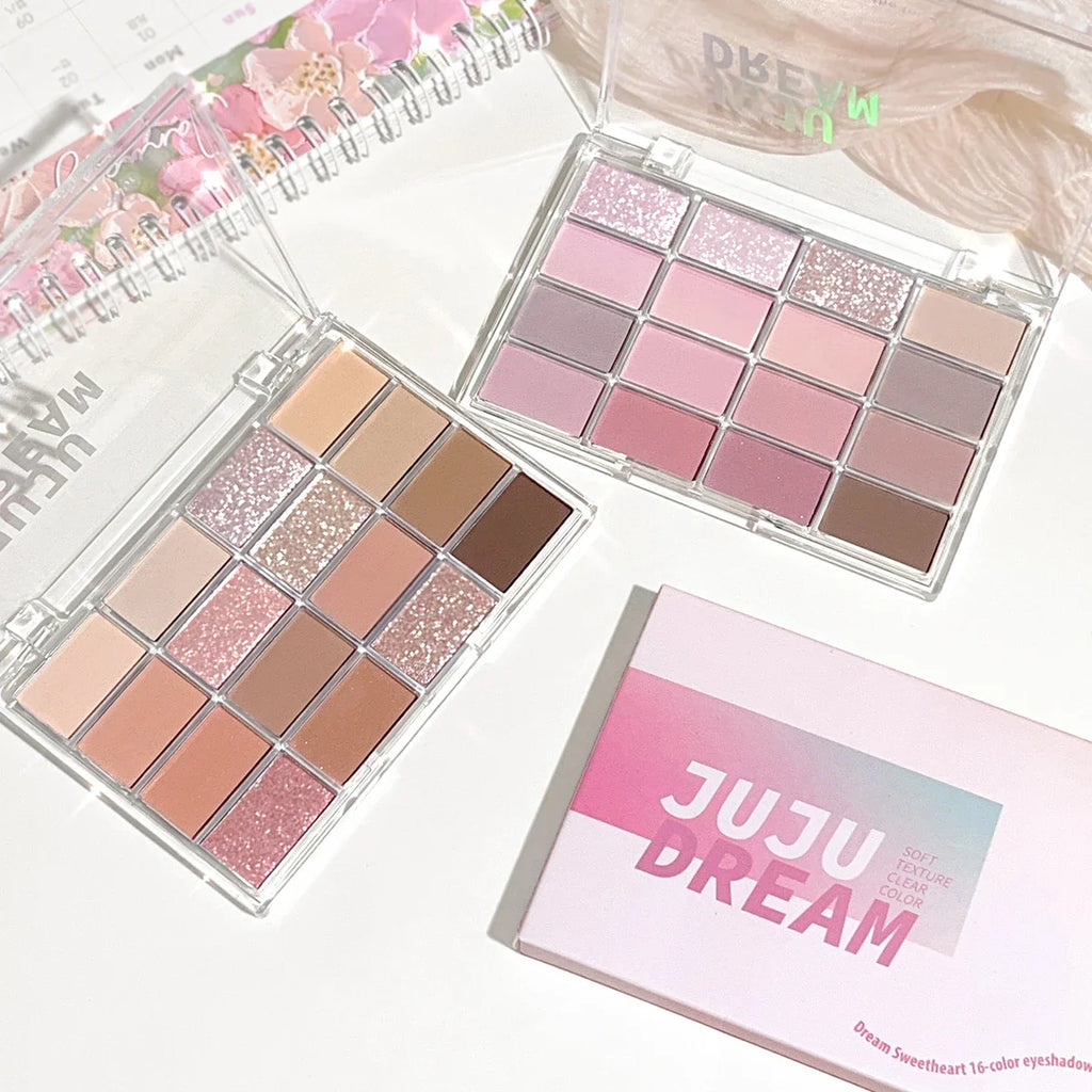 JUJU DREAM 16-Color Earth Tone Eyeshadow Matte & Shimmer Palette, Lying Silkworm Brightener for Soft Daily Makeup