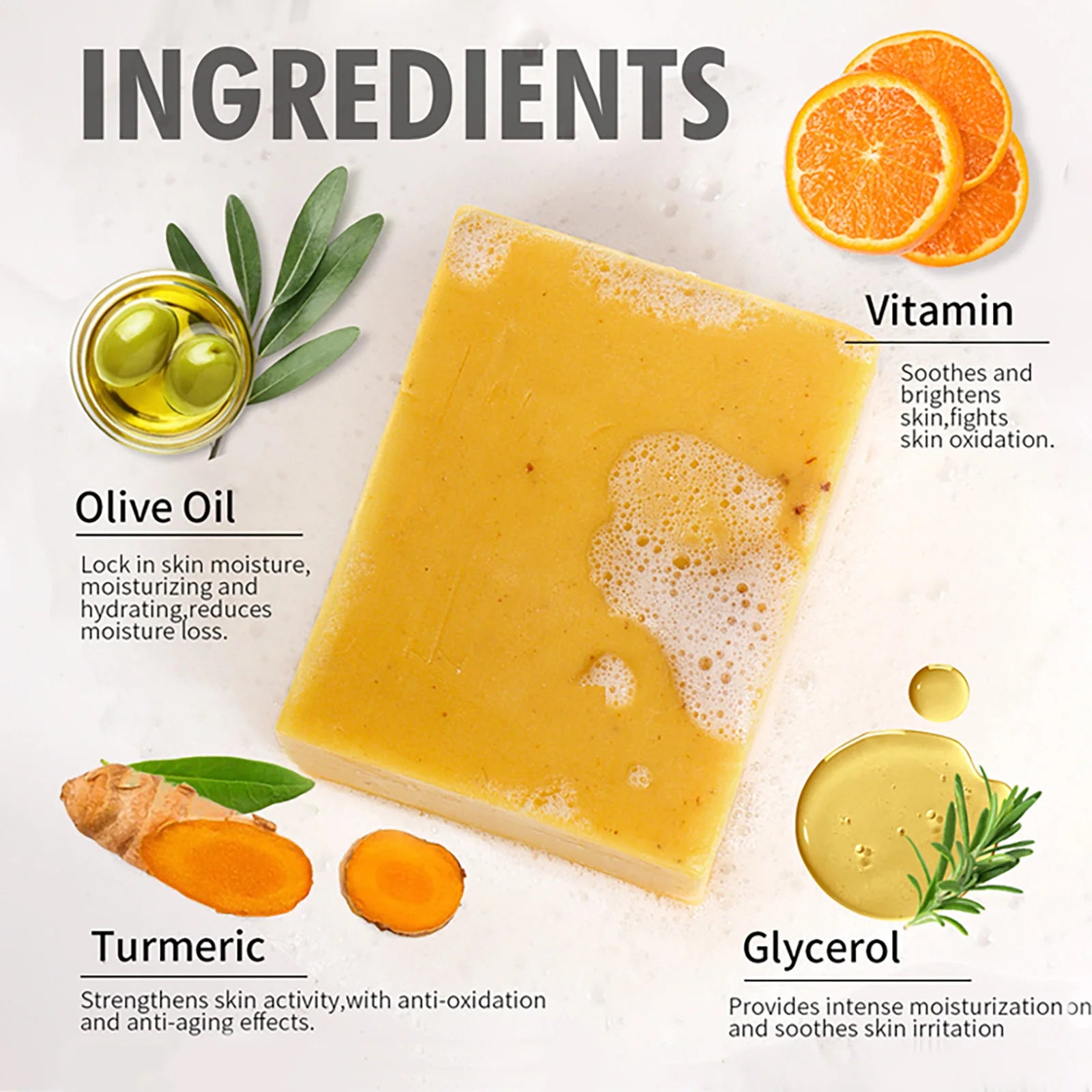 AILKE Natural Turmeric Bath Soap for Face, Body, Hands, Lightening, Cleaning, Even Skin Tone, Anti Dark Spots and Acne, 200g