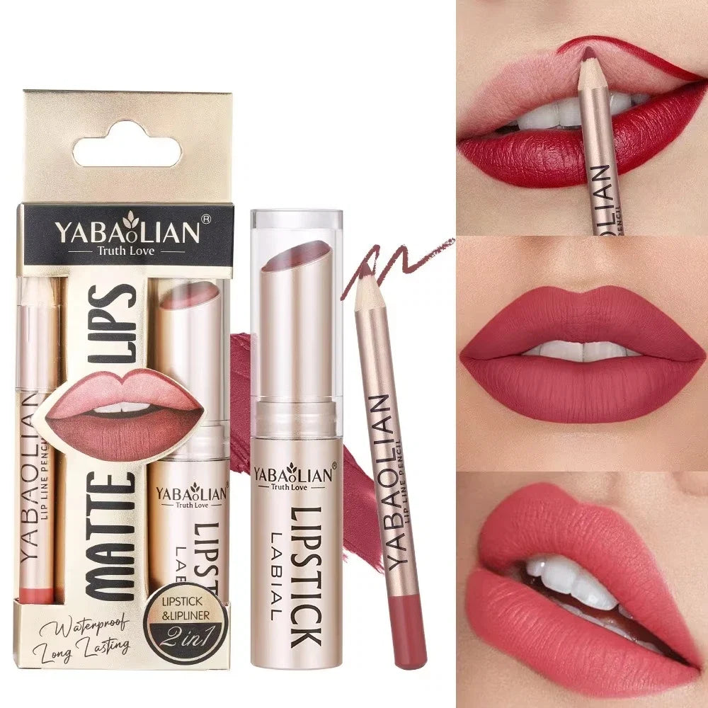 Professional 2PCS Lip Liner Lipstick Set Matte Finish High Pigment Long Lasting Waterproof Sweatproof Cosmetic Beauty Kit