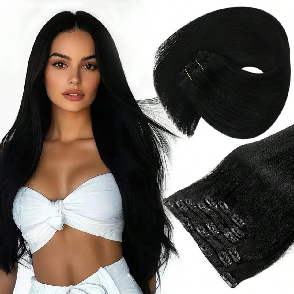 Clip in Hair Extensions Straight Real Human Hair Brazilian Virgin Remy Human Hair Extensions 8pcs with 20 Clips Double Weft for Women Invisible Straight Seamless Clip Ins Hair Extensions Jet Black Natural Soft Silk Straight H