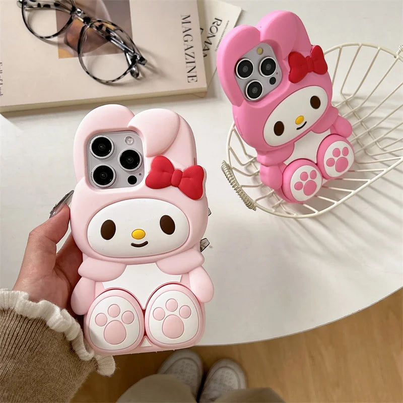 Cute 3D Cartoon Stand Holder Silicone Phone Case For iPhone 16 15 14 13 12 Pro Max Plus Soft Cover