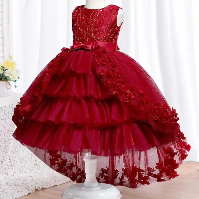 New Year Christmas Party Embroidered Sticker Tailcoat Flower Girl Part Dress