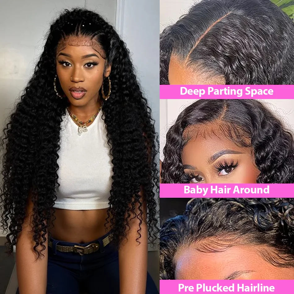 40 Inch 250% Natural Black Deep Wave Remy Human Hair Wigs 13x6 Lace Front Human Hair Wigs Transparent 13x4 HD Lace Frontal Pre Plucked 5x5 Glueless Curly Thick Ends