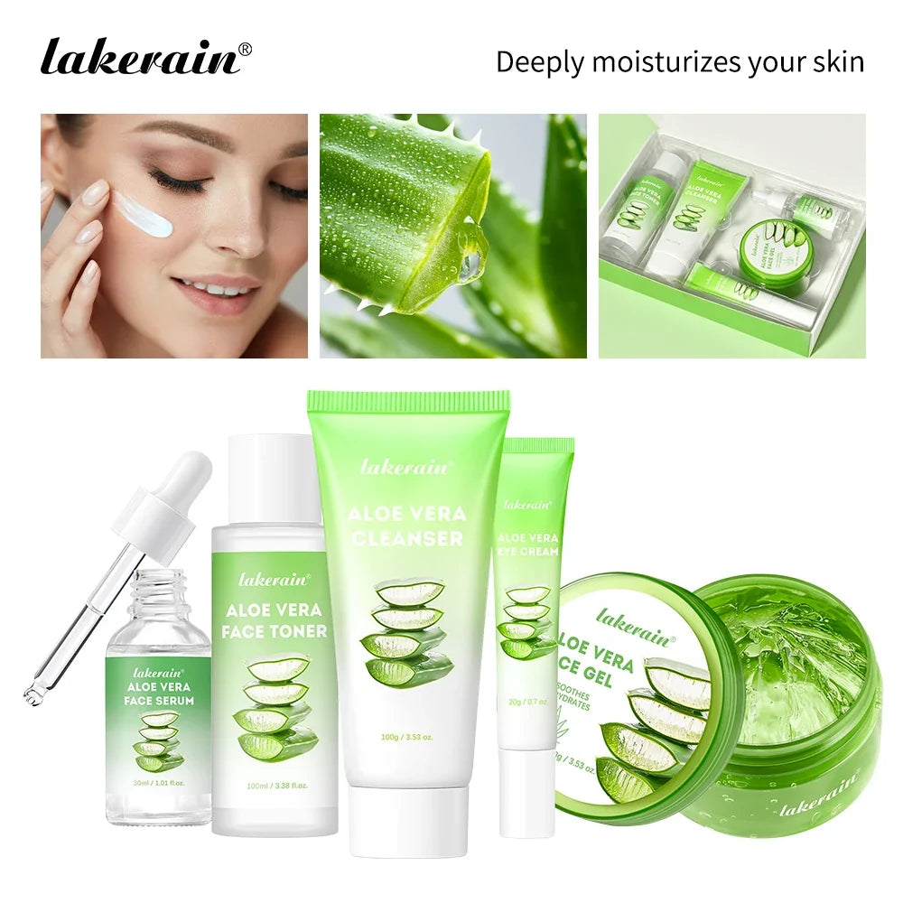 Lakerain Aloe Vera Skin Care Set Deep Hydration Smooth Delicate Skin Fast-absorbing Formula Cleanser Toner Serum Lip Blam Kit