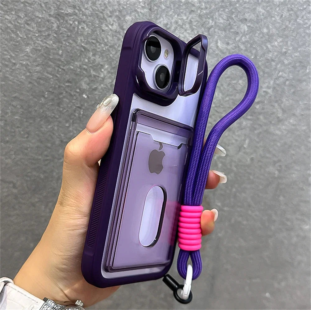 Acrylic Card Holder Fold Camera Bracket Clear Case for iPhone 16 15 14 13 12 11 Pro Max Plus Wrist Hand Strap Shockproof Cover