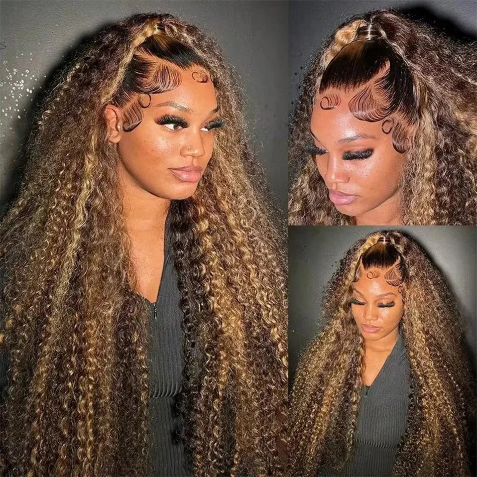 28 30Inch Highlight Wig Human Hair Honey Blonde Brown Lace Front Wigs Deep Curly Human Hair Wig Wave 13x4 Lace Frontal Wigs 200