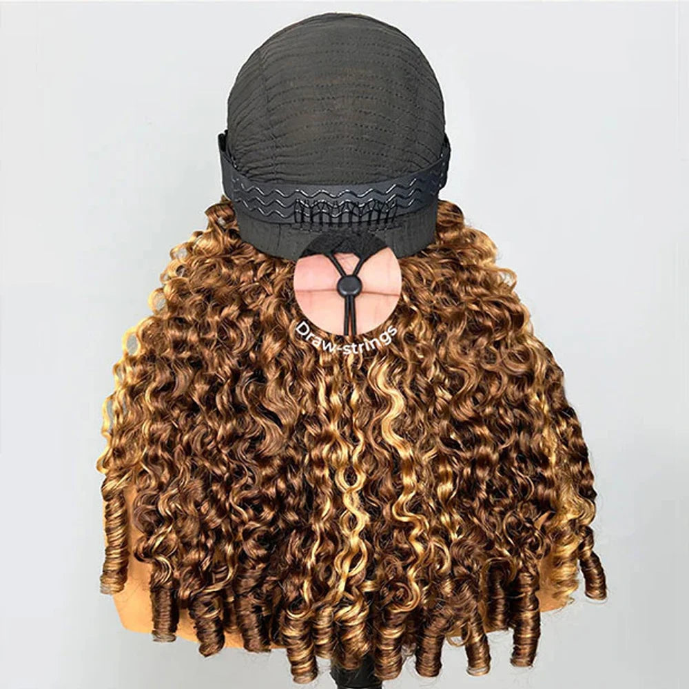Highlight Burmese Curly Half Wigs Human Hair With Drawstring Colored Glueless 3 IN 1 Half Wigs Flip Over Burmese Curly Half Wigs