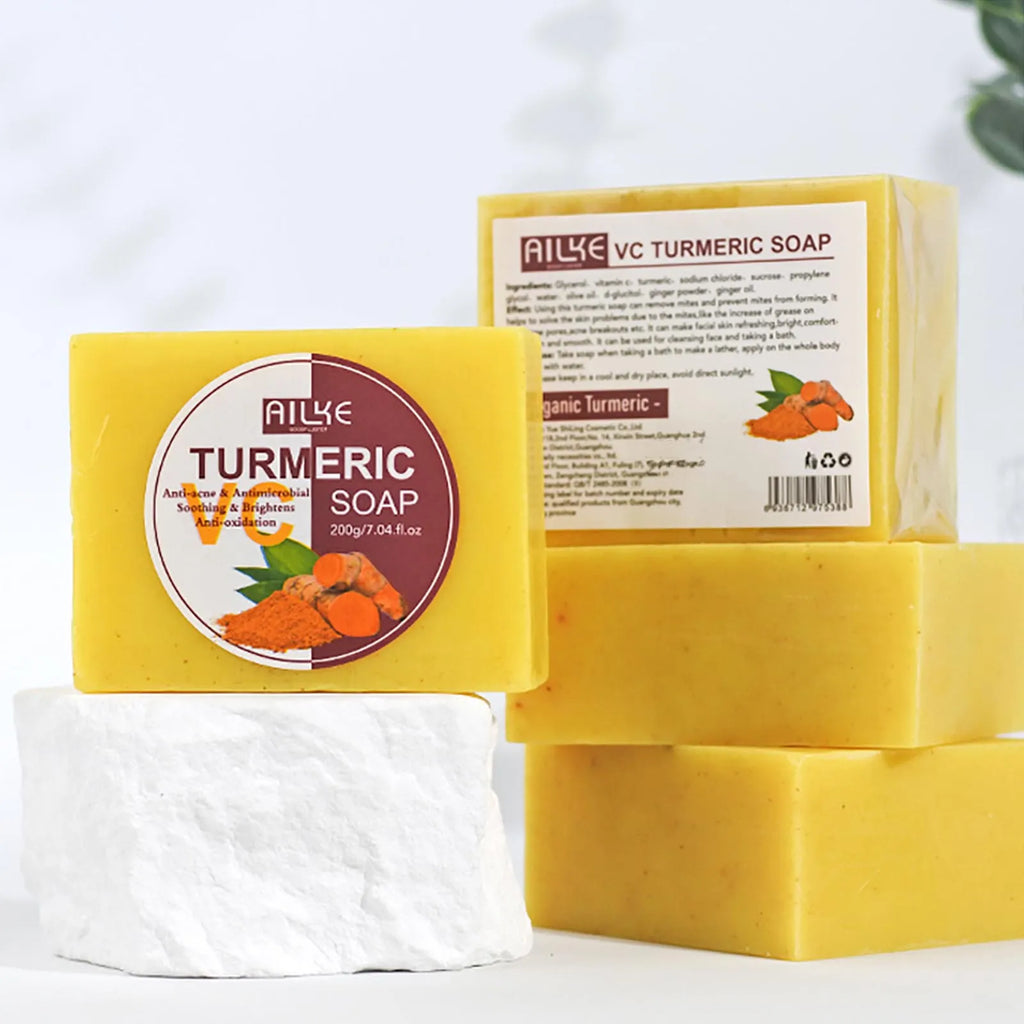 AILKE Natural Turmeric Bath Soap for Face, Body, Hands, Lightening, Cleaning, Even Skin Tone, Anti Dark Spots and Acne, 200g
