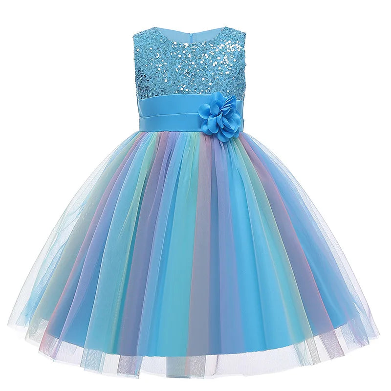 Sequins Girls Dress Summer Flower Fashion Rainbow Mesh Little Princess Dresses