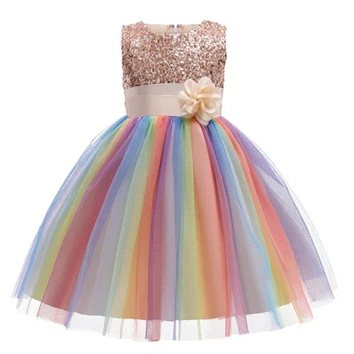 Sequins Girls Dress Summer Flower Fashion Rainbow Mesh Little Princess Dresses