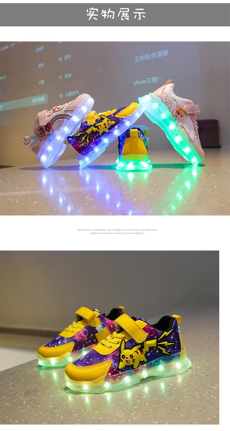 Kid’s Casual Shoes Boys Rechargeable Cartoon PU Leather Spring Fashion Flat Bottom Anti-slip Sneakers Yellow Size 25-36