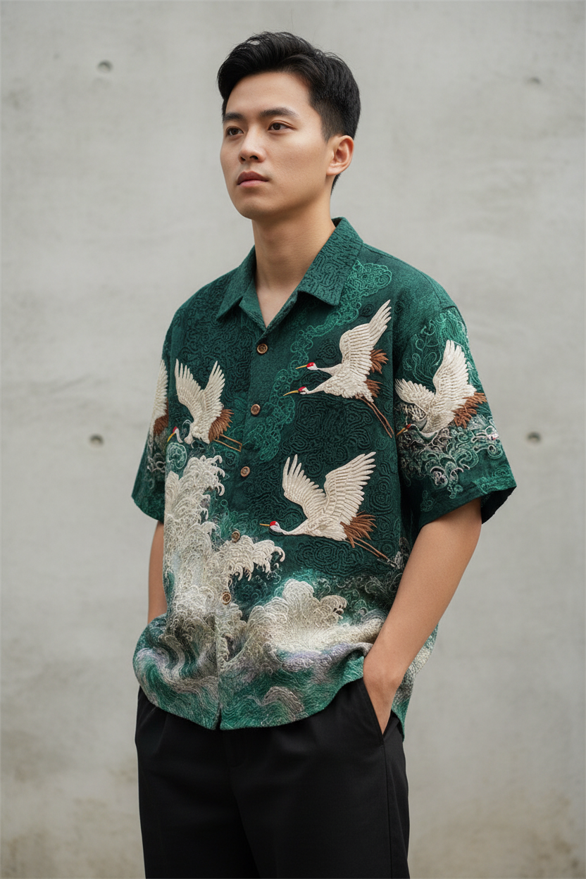 Embossed Flying Crane and Wave Printing Casual Short Sleeved Shirt