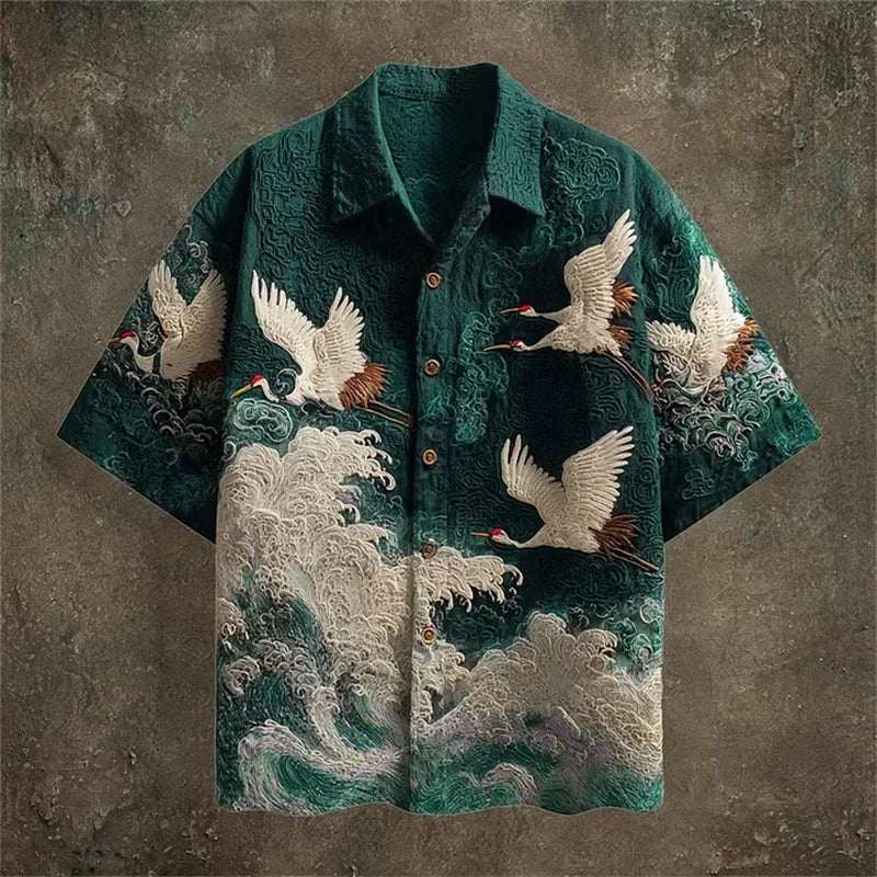 Embossed Flying Crane and Wave Printing Casual Short Sleeved Shirt