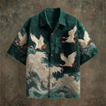 Embossed Flying Crane and Wave Printing Casual Short Sleeved Shirt