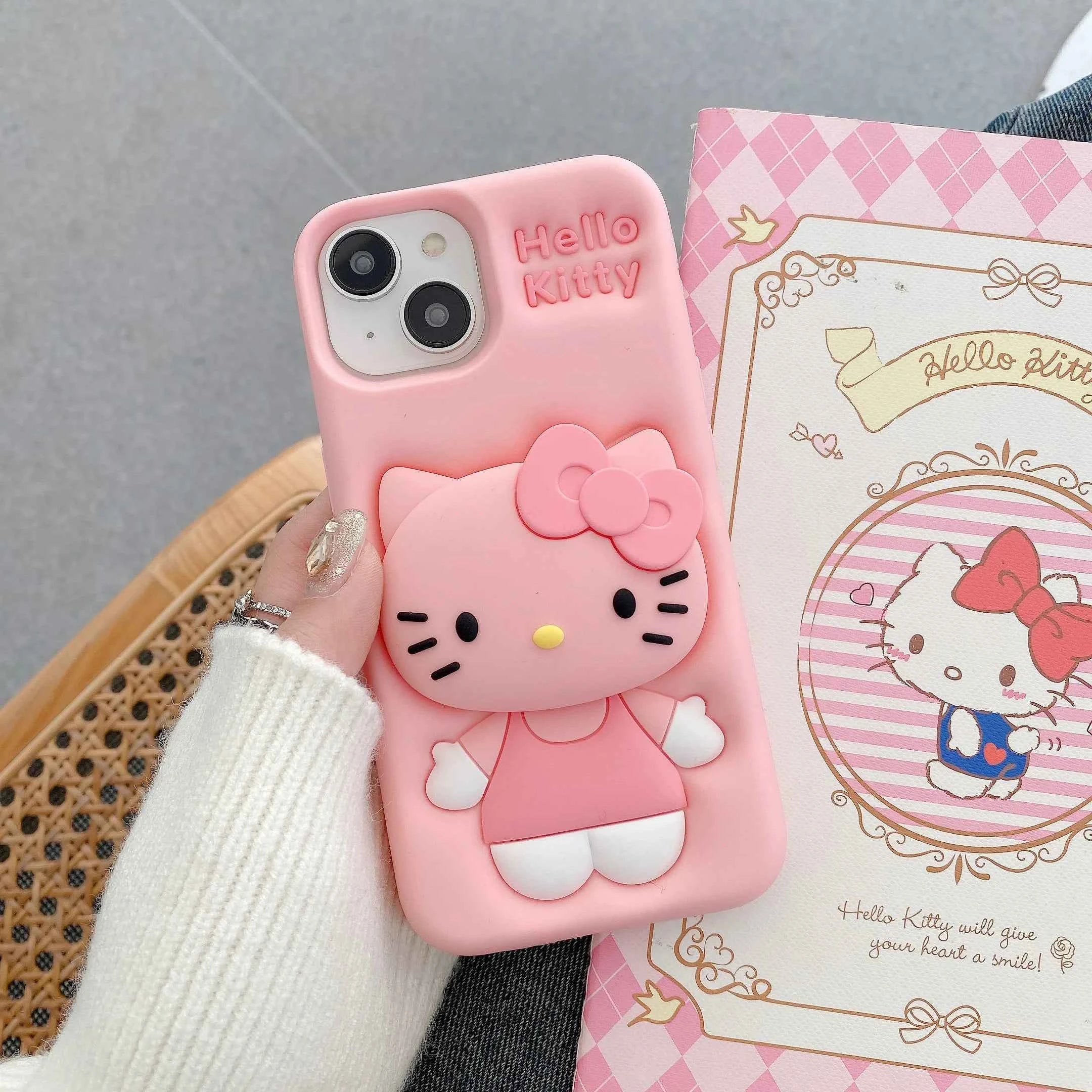 Cute Hello Kitty Phone Case For iPhone 17 16 15 14 13 12 11 Pro Max Plus 17Pro Head Grip Tok Holder Silicone Cartoon Phone Cases