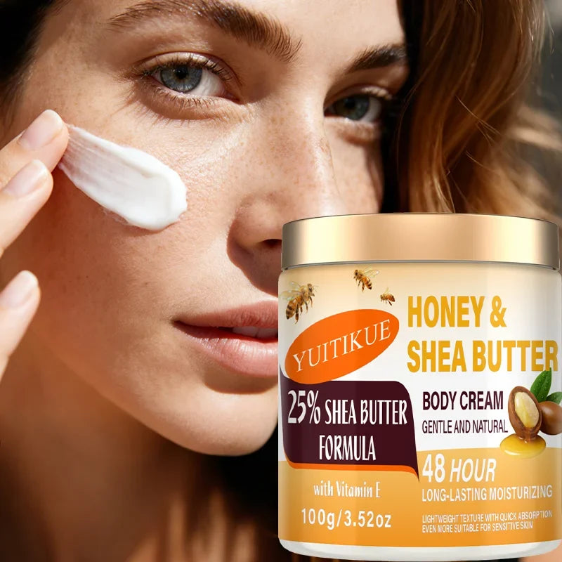 YUITIKUE 25% Shea Butter Body Cream 100g - 48H Moisturizer for Face, Body, Hands & Feet, Honey & Vitamin E, All-in-One Care