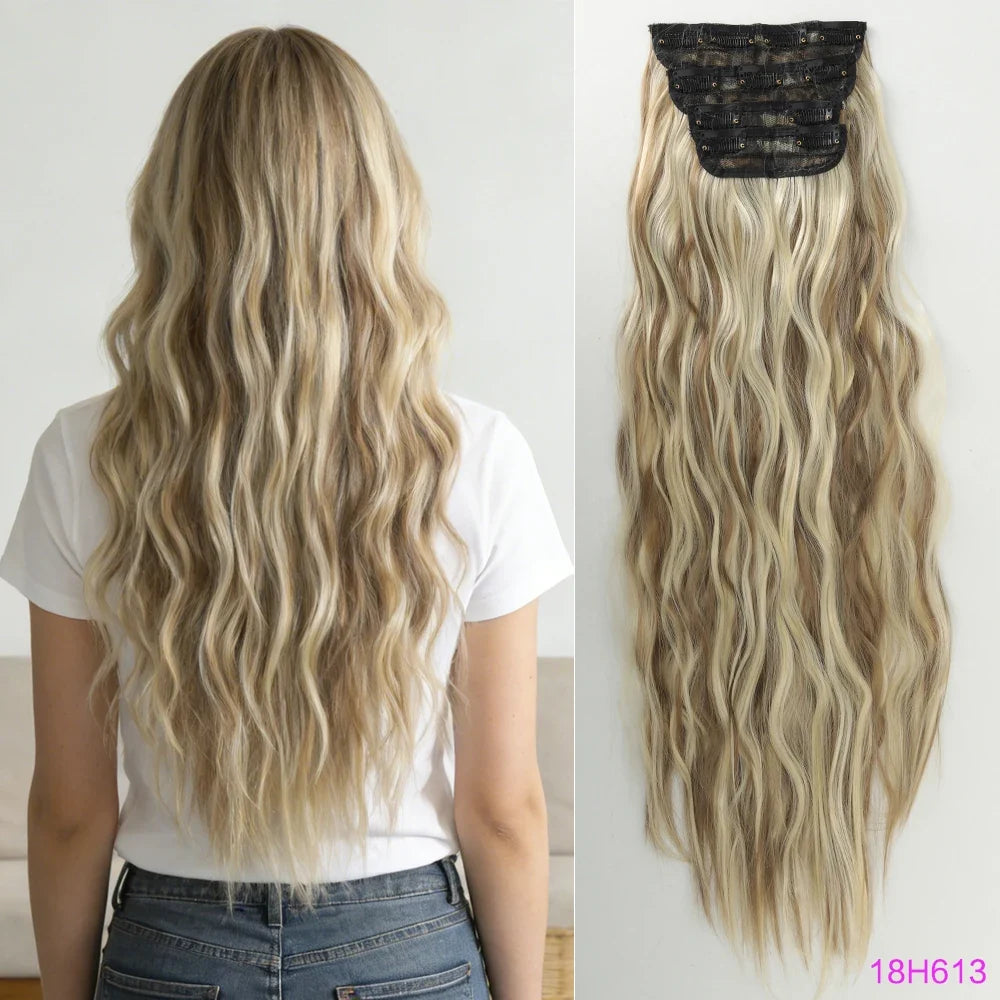 Voluminous Brown-Blonde Clip-In Extensions: 60.96 cm Wavy & Curly Synthetic Hair Set