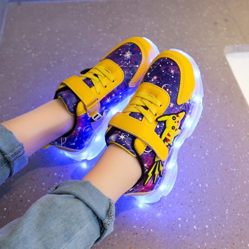 Kid’s Casual Shoes Boys Rechargeable Cartoon PU Leather Spring Fashion Flat Bottom Anti-slip Sneakers Yellow Size 25-36