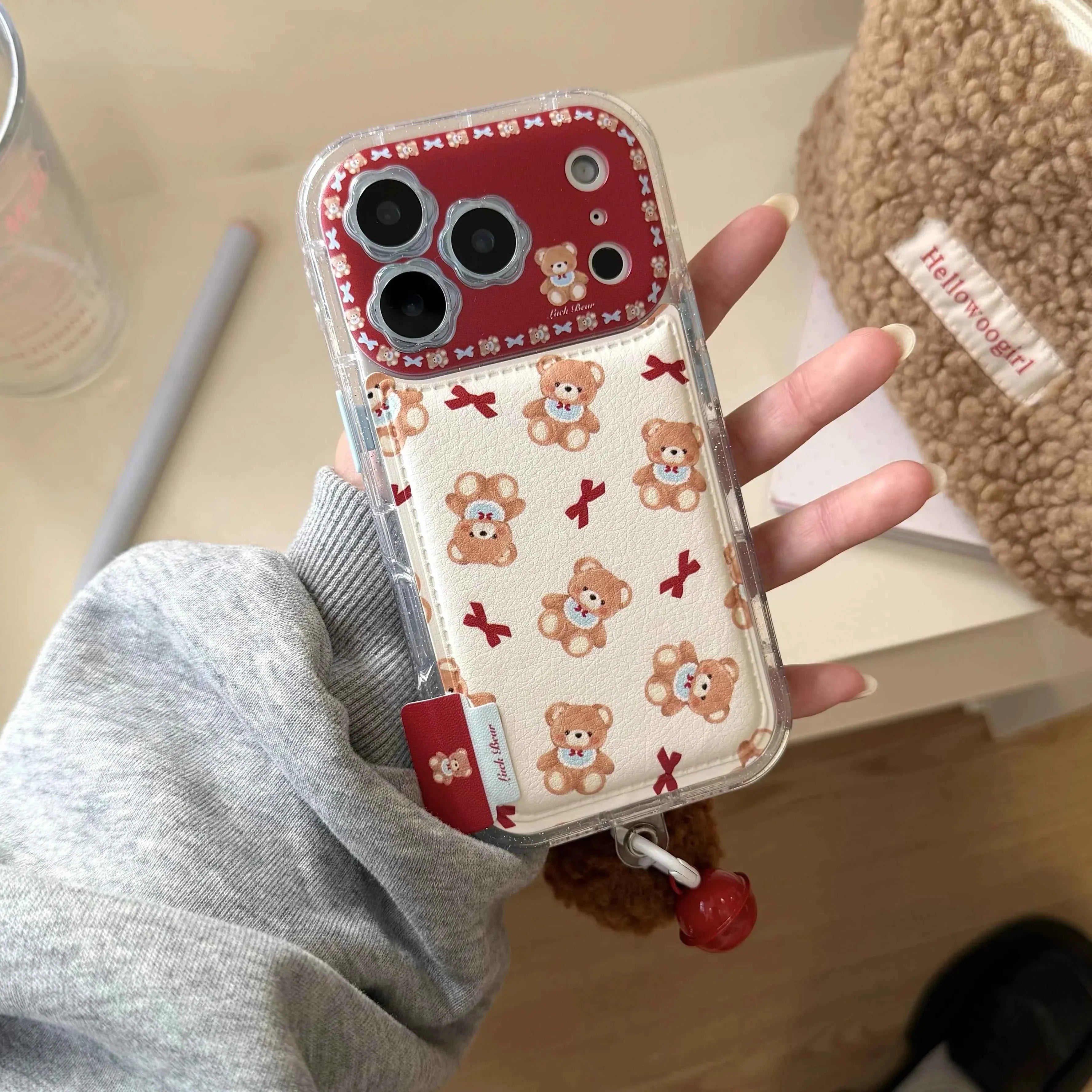 Cute Bow Bear Phone Case for iPhone 17, 17 Pro, 17 Pro Max, 16, 15, 14, 13 Pro Max Shockproof Phone Case with Lanyard