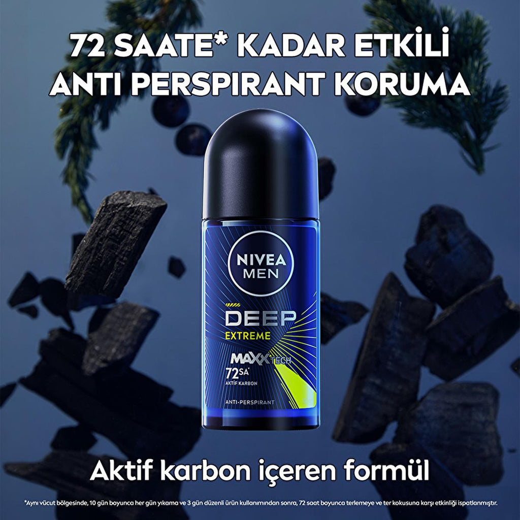 Nivea Men Deep Extreme Roll-on Deodorant for Active Men - Long Lasting Anti-Perspirant Protection, 72 Hours Sweat Control, Active Carbon Formula