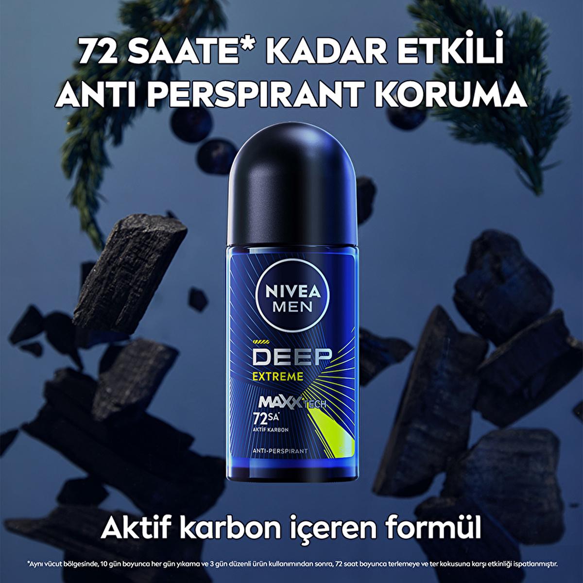 Nivea Men Deep Extreme Roll-on Deodorant for Active Men - Long Lasting Anti-Perspirant Protection, 72 Hours Sweat Control, Active Carbon Formula