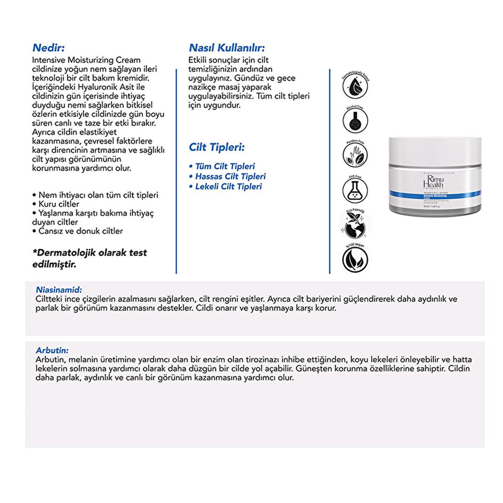 Rimu Health: Hyaluronic Acid & Niacinamide Face Cream - Intense Hydration, Even Skin Tone, Anti-Aging Moisturizer, Dermatologically Tested, 50ml